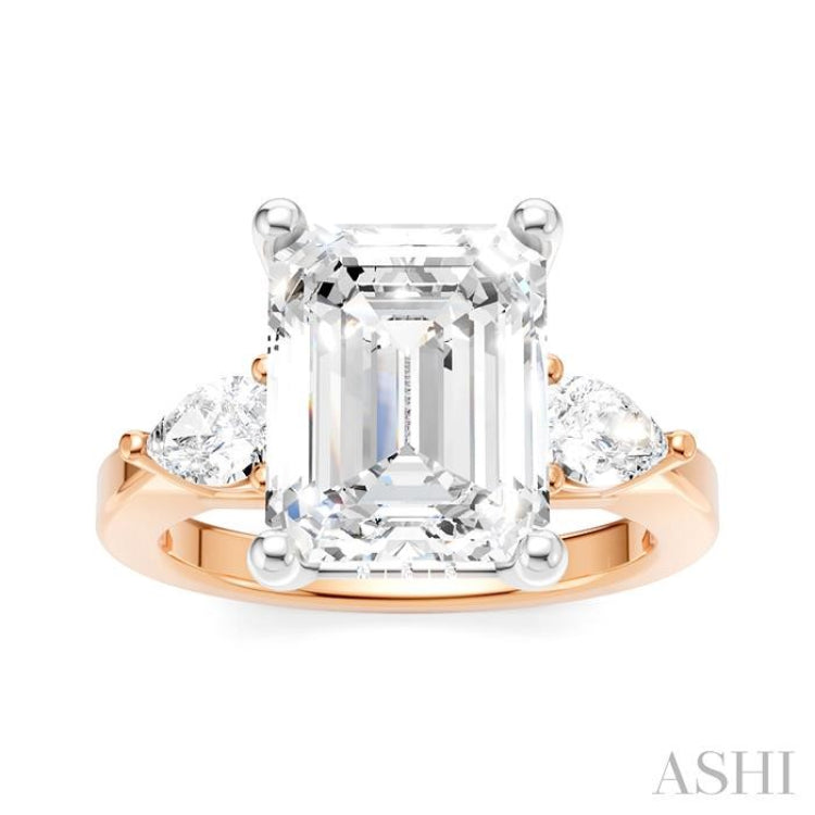 1/2 Ctw Tri-Mount Emerald Shape Center Pear and Round Cut Diamond Semi Mount Engagement Ring in 14K Rose and White Gold
