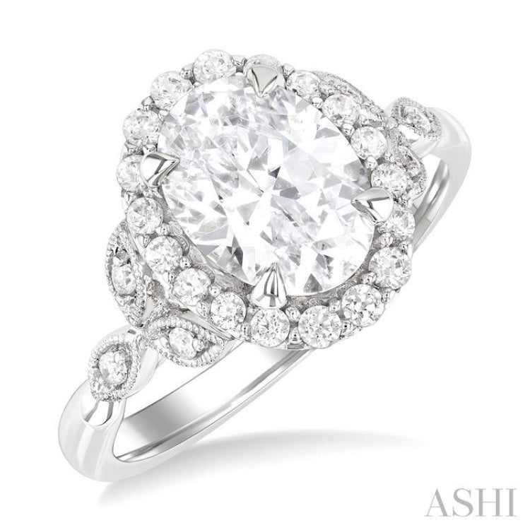 1/3 Ctw Akari Oval Shape Carved Shank Round Cut Diamond Semi Mount Engagement Ring in 14K White Gold