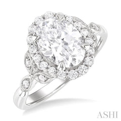 1/3 Ctw Akari Oval Shape Carved Shank Round Cut Diamond Semi Mount Engagement Ring in 14K White Gold