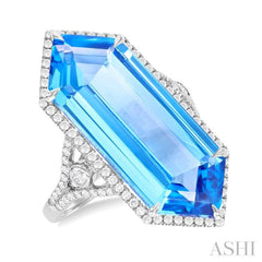 26x10 MM Hexagon Shape Blue Topaz and 1/2 Ctw Round Cut Diamond Halo Semi-Precious Ring in 14K White Gold