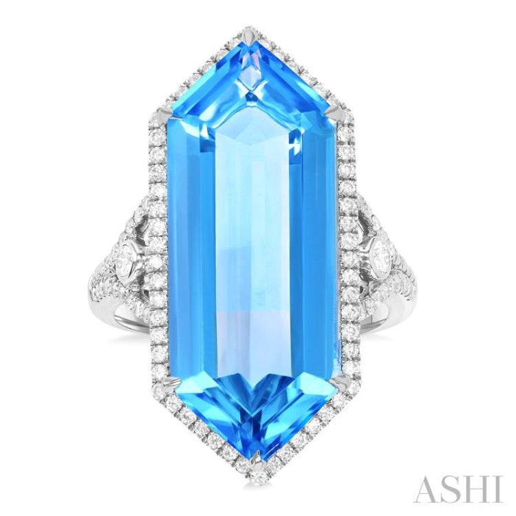26x10 MM Hexagon Shape Blue Topaz and 1/2 Ctw Round Cut Diamond Halo Semi-Precious Ring in 14K White Gold