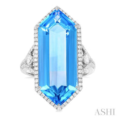 26x10 MM Hexagon Shape Blue Topaz and 1/2 Ctw Round Cut Diamond Halo Semi-Precious Ring in 14K White Gold