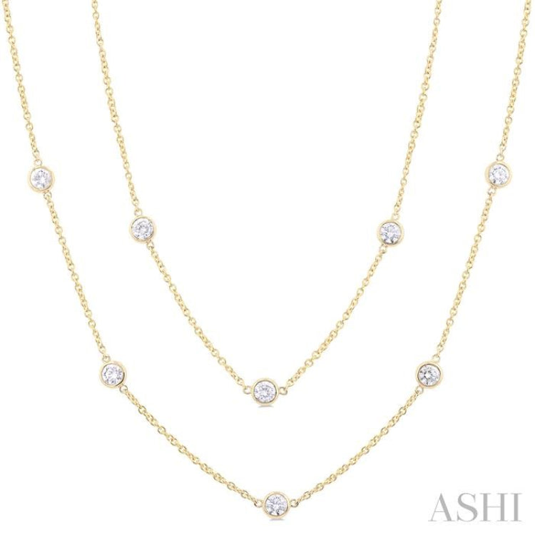 3.00 Ctw Bezel Set Round Cut Diamond Station Long Necklace in 14K Yellow Gold