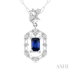 5x3 MM Emerald Cut Sapphire and 1/3 Ctw Baguette & Round Cut Diamond Precious Fashion Pendant With Chain in 14K White Gold