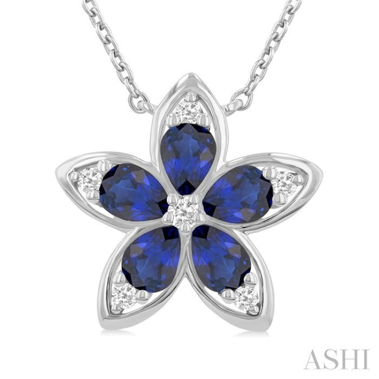 4x3 MM Pear Cut Sapphire and 1/20 Ctw Round Cut Diamond Floral Motif Pendant With Chain in 14K White Gold
