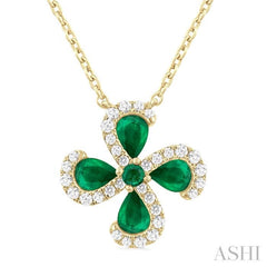 4x3 MM Pear Cut & 2 MM Round Cut Emerald and 1/6 Ctw Round Cut Diamond Floral Shape Pendant With Chain in 14K Yellow Gold