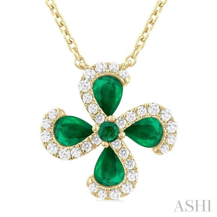 4x3 MM Pear Cut & 2 MM Round Cut Emerald and 1/6 Ctw Round Cut Diamond Floral Shape Pendant With Chain in 14K Yellow Gold
