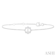 6 MM Round Shape Cultured Pearl and 1/10 Ctw Petite Round Cut Diamond Halo Bracelet in 10K White Gold
