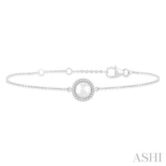 6 MM Round shape Round Shape Cultured Pearl and 1/20 Ctw Round Cut Diamond Petite Halo Bracelet in 10K White Gold