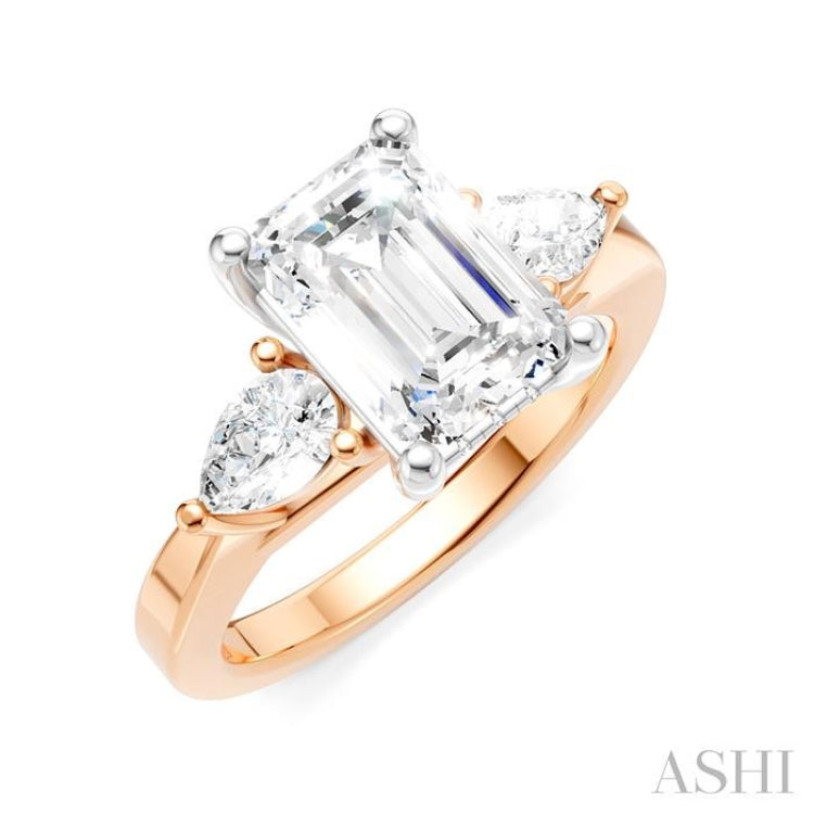 1/2 Ctw Tri-Mount Emerald Shape Center Pear and Round Cut Diamond Semi Mount Engagement Ring in 14K Rose and White Gold