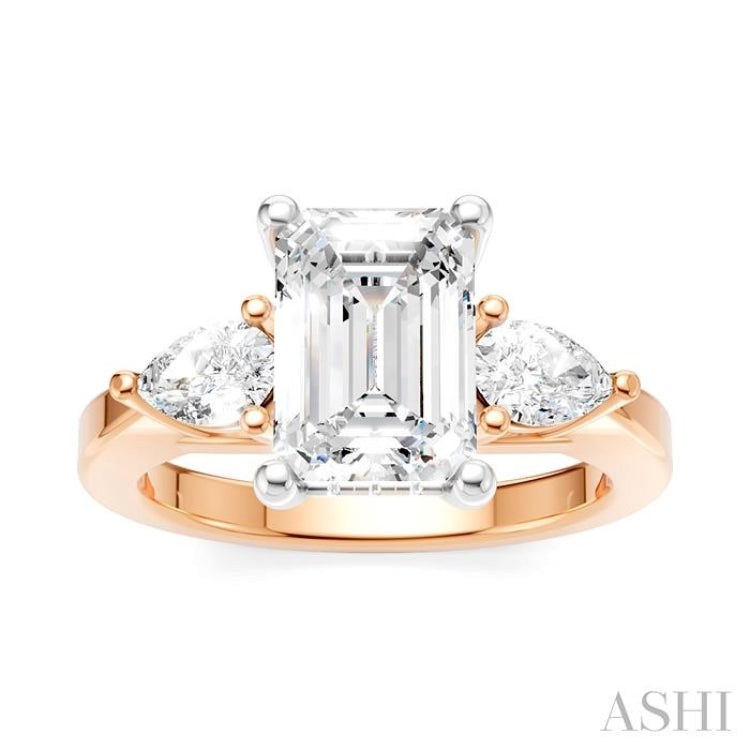 1/2 Ctw Tri-Mount Emerald Shape Center Pear and Round Cut Diamond Semi Mount Engagement Ring in 14K Rose and White Gold
