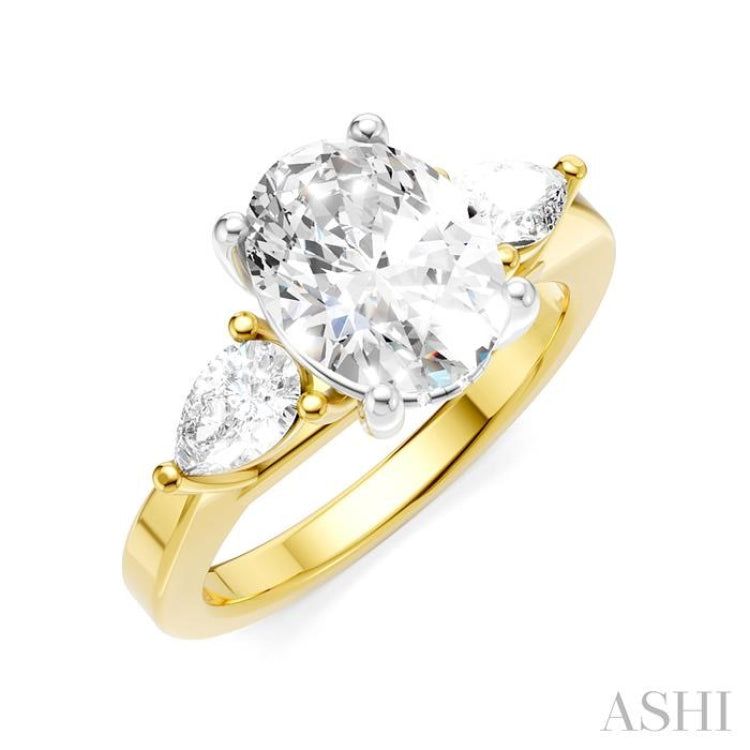 1/2 Ctw Tri-Mount Oval Shape Center Pear and Round Cut Diamond Semi Mount Engagement Ring in 14K Yellow and White Gold