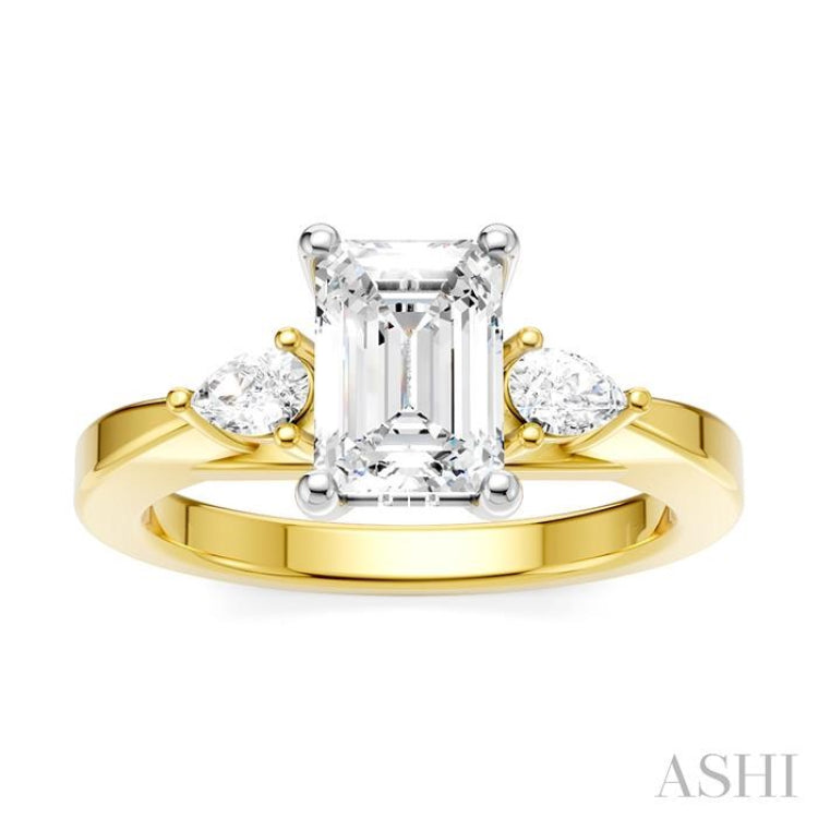 1/4 Ctw Tri-Mount Emerald Shape Center Pear and Round Cut Diamond Semi Mount Engagement Ring in 14K Yellow and White Gold
