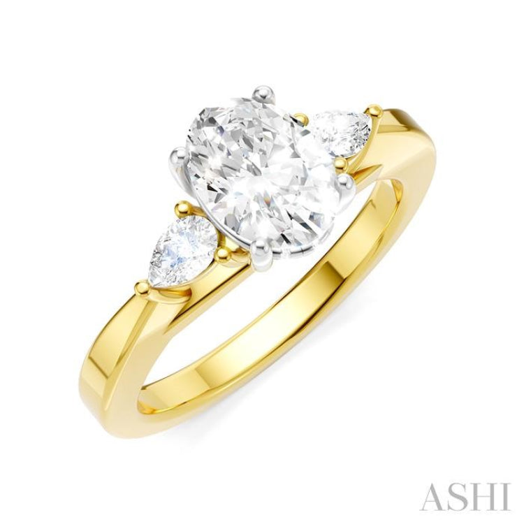 1/4 Ctw Tri-Mount Oval Shape Center Pear and Round Cut Diamond Semi Mount Engagement Ring in 14K Yellow and White Gold