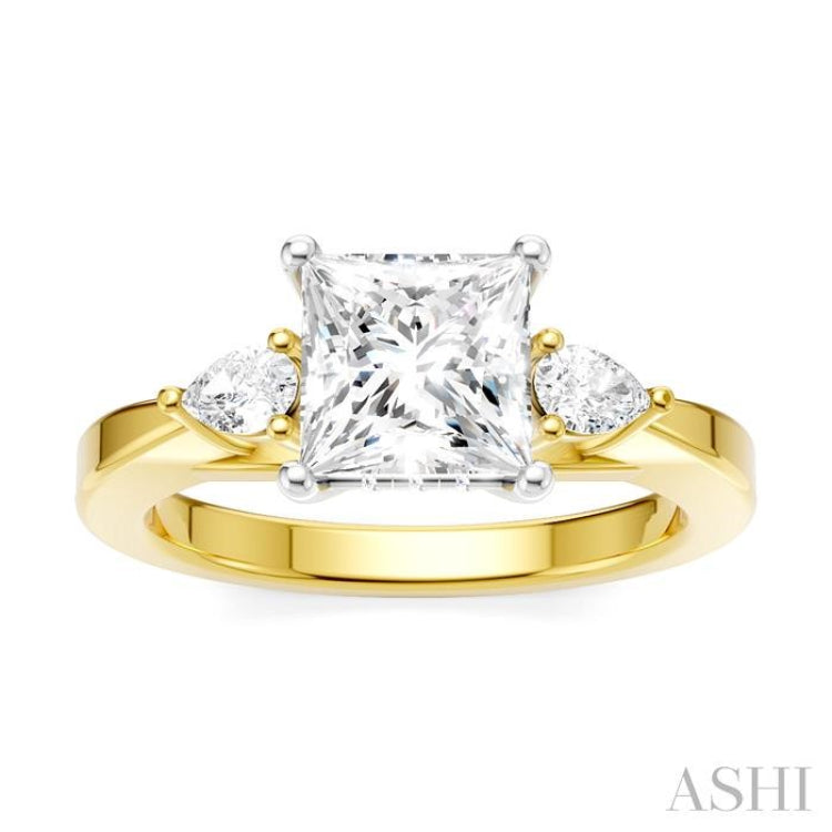 1/4 Ctw Tri-Mount Princess Shape Center Pear and Round Cut Diamond Semi Mount Engagement Ring in 14K Yellow and White Gold