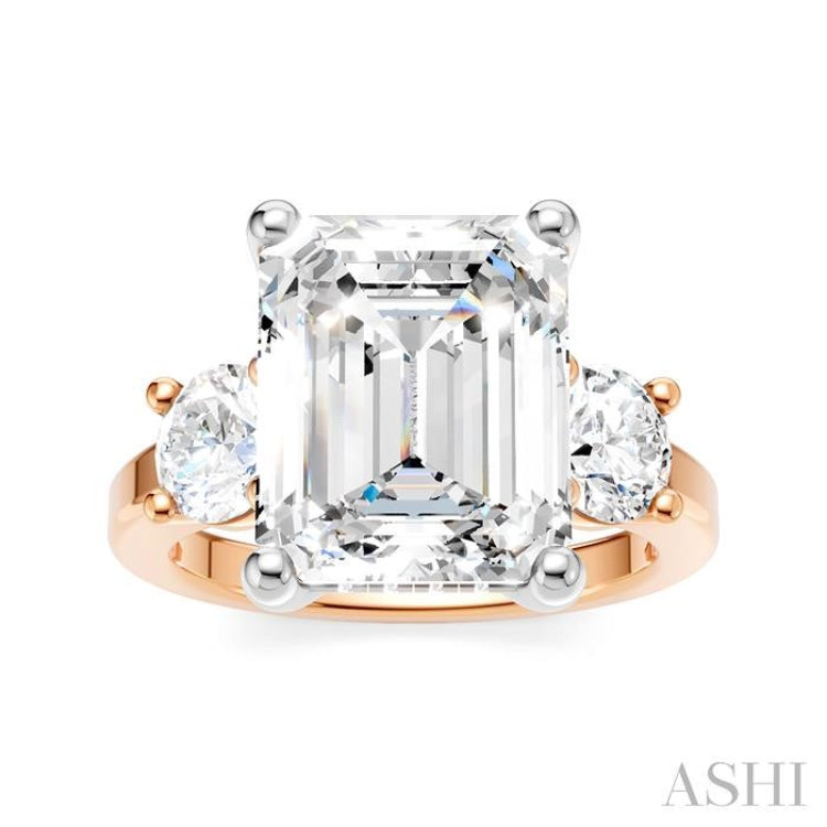 1 Ctw Tri-Mount Emerald Shape Center Round Cut Diamond Semi Mount Engagement Ring in 14K Rose and White Gold