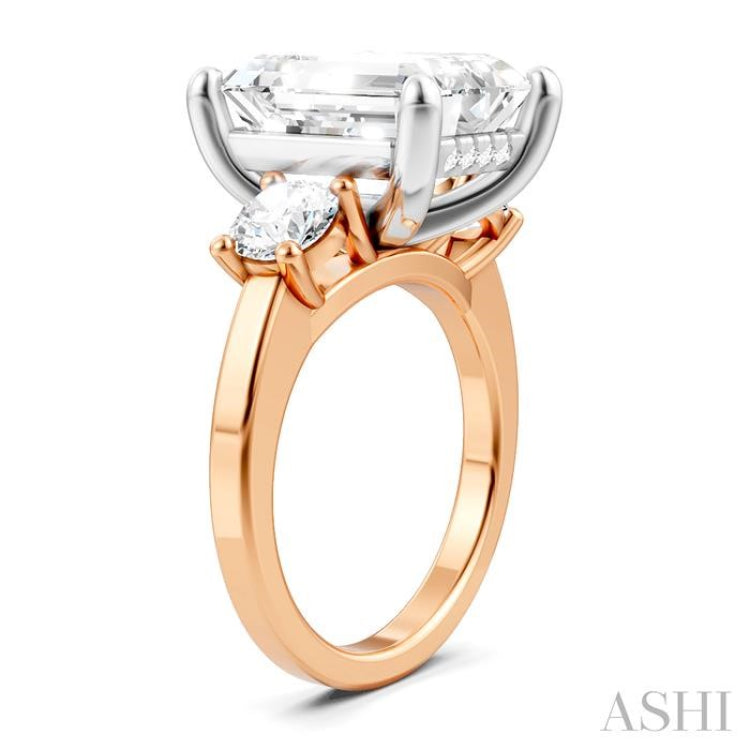 1 Ctw Tri-Mount Emerald Shape Center Round Cut Diamond Semi Mount Engagement Ring in 14K Rose and White Gold