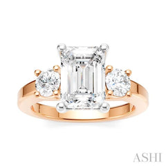 1/2 Ctw Tri-Mount Emerald Shape Center Round Cut Diamond Semi Mount Engagement Ring in 14K Rose and White Gold
