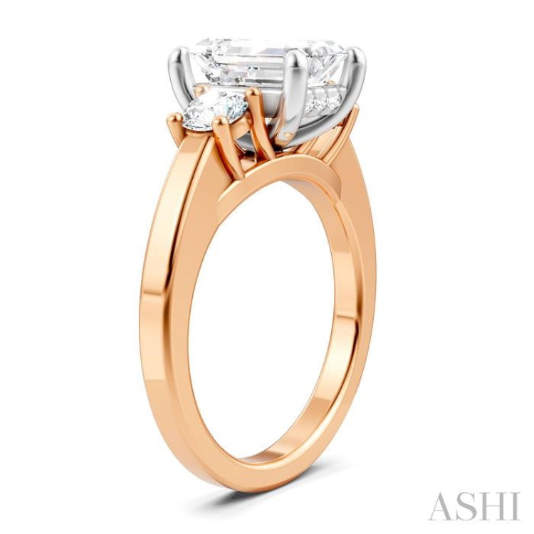 1/2 Ctw Tri-Mount Emerald Shape Center Round Cut Diamond Semi Mount Engagement Ring in 14K Rose and White Gold