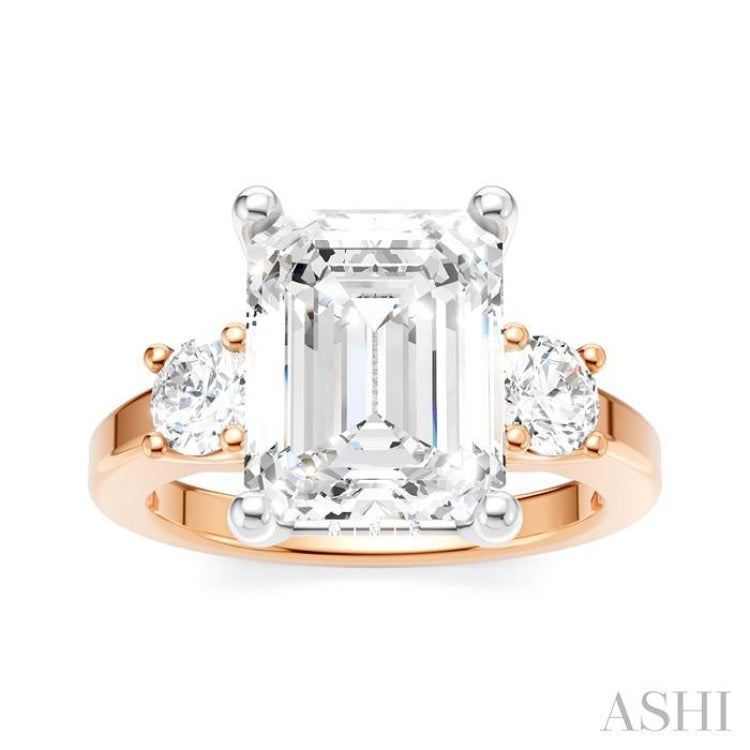 1/2 Ctw Tri-Mount Emerald Shape Center Round Cut Diamond Semi Mount Engagement Ring in 14K Rose and White Gold