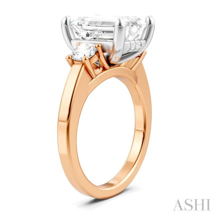 1/2 Ctw Tri-Mount Emerald Shape Center Round Cut Diamond Semi Mount Engagement Ring in 14K Rose and White Gold