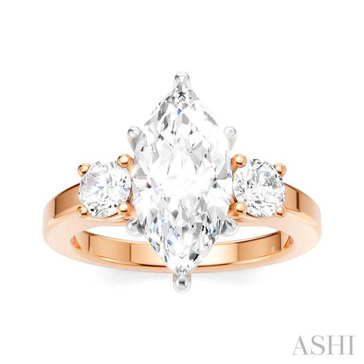 1/2 Ctw Tri-Mount Marquise Shape Center Round Cut Diamond Semi Mount Engagement Ring in 14K Rose and White Gold