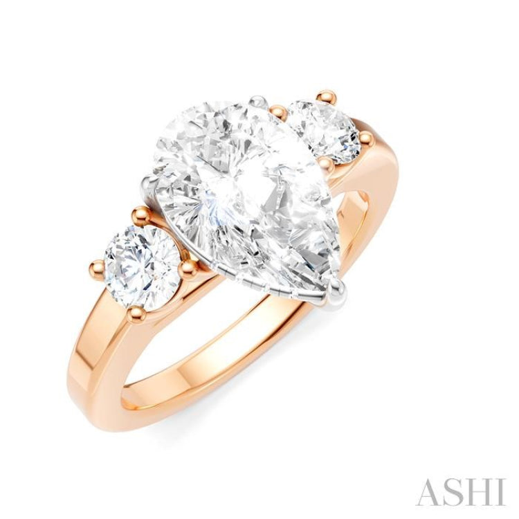 1/2 Ctw Tri-Mount Pear Shape Round Cut Diamond Semi Mount Engagement Ring in 14K Rose and White Gold