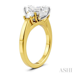1/2 Ctw Tri-Mount Emerald Shape Center Round Cut Diamond Semi Mount Engagement Ring in 14K Yellow and White Gold
