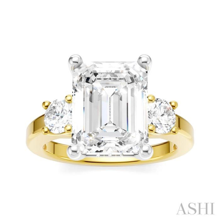 1/2 Ctw Tri-Mount Emerald Shape Center Round Cut Diamond Semi Mount Engagement Ring in 14K Yellow and White Gold