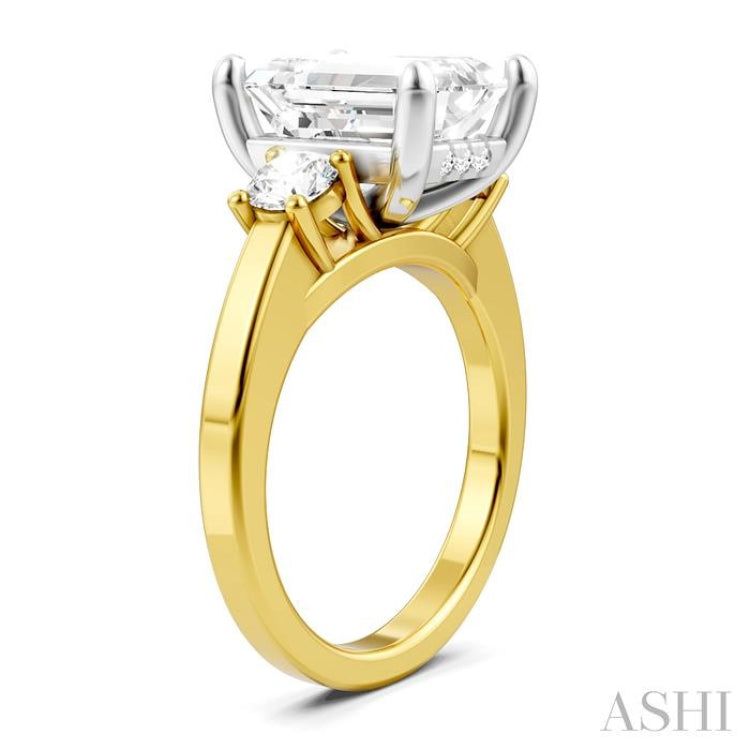 1/2 Ctw Tri-Mount Emerald Shape Center Round Cut Diamond Semi Mount Engagement Ring in 14K Yellow and White Gold