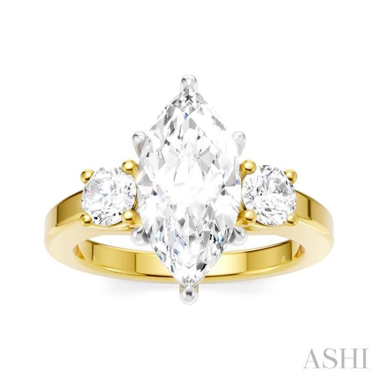 1/2 Ctw Tri-Mount Marquise Shape Center Round Cut Diamond Semi Mount Engagement Ring in 14K Yellow and White Gold