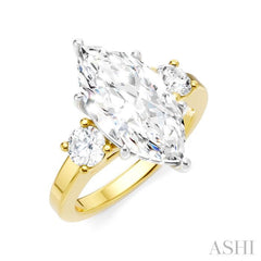 1/2 Ctw Tri-Mount Marquise Shape Center Round Cut Diamond Semi Mount Engagement Ring in 14K Yellow and White Gold