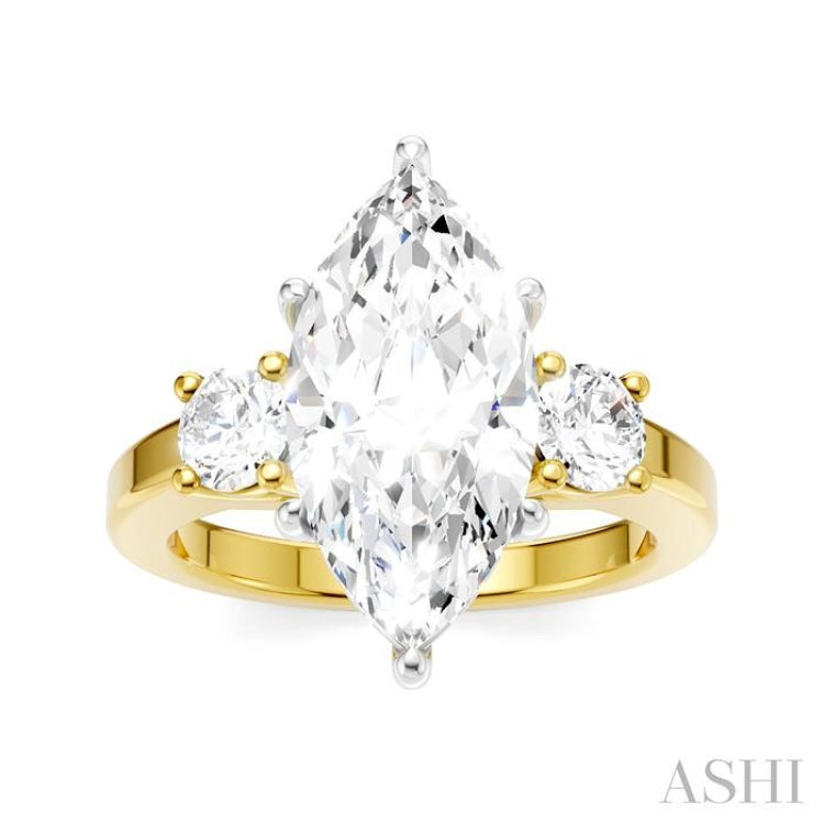 1/2 Ctw Tri-Mount Marquise Shape Center Round Cut Diamond Semi Mount Engagement Ring in 14K Yellow and White Gold