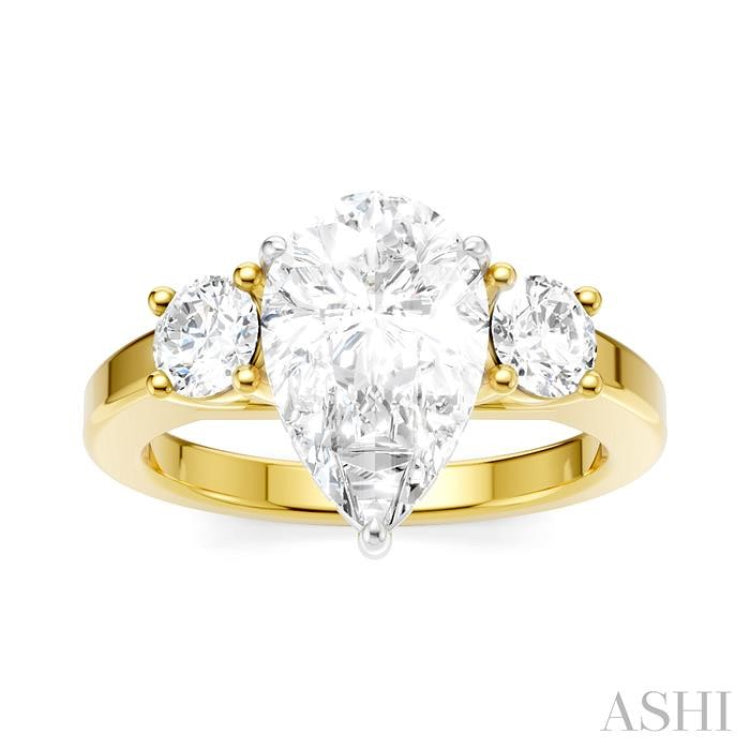 1/2 Ctw Tri-Mount Pear Shape Round Cut Diamond Semi Mount Engagement Ring in 14K Yellow and White Gold