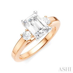 1/4 Ctw Tri-Mount Emerald Shape Center Round Cut Diamond Semi Mount Engagement Ring in 14K Rose and White Gold