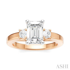 1/4 Ctw Tri-Mount Emerald Shape Center Round Cut Diamond Semi Mount Engagement Ring in 14K Rose and White Gold
