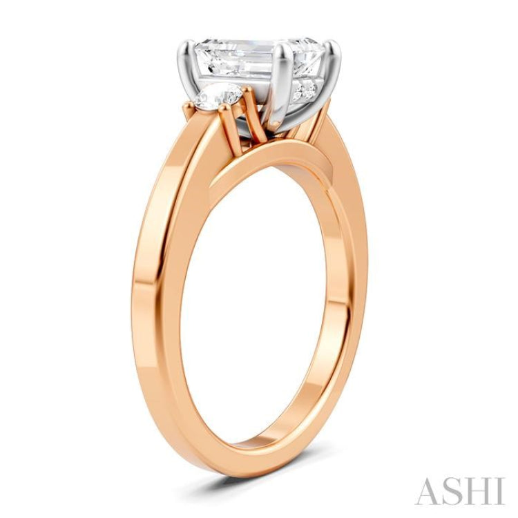 1/4 Ctw Tri-Mount Emerald Shape Center Round Cut Diamond Semi Mount Engagement Ring in 14K Rose and White Gold