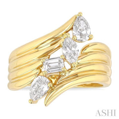 1.00 Ctw Open Bypass Ribbed Shank Mixed Diamond Cut Fashion Ring in 14K Yellow Gold