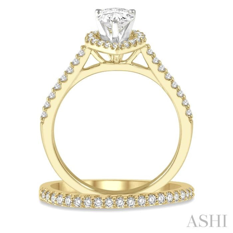 7/8 Ctw Diamond Wedding Set With 3/4 Ctw Pear Cut Engagement Ring and 1/6 Ctw Wedding Band in 14K Yellow and White Gold