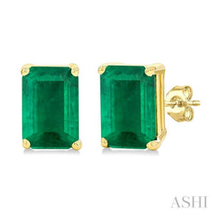 6X4 MM Octagon Shape Emerald Precious Stud Earrings in 14K Yellow Gold