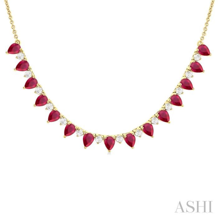 4x3 MM Pear Shape Ruby and 1/2 Ctw Round Cut Diamond Precious Tennis Necklace in 14K Yellow Gold