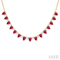 4x3 MM Pear Shape Ruby and 1/2 Ctw Round Cut Diamond Precious Tennis Necklace in 14K Yellow Gold