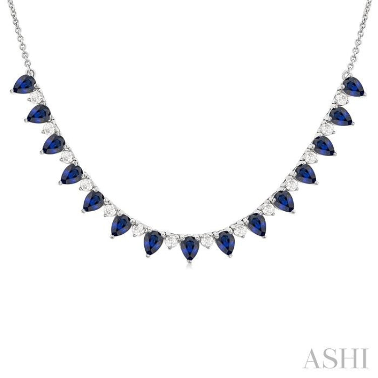 4x3 MM Pear Shape Sapphire and 1/2 Ctw Round Cut Diamond Precious Tennis Necklace in 14K White Gold