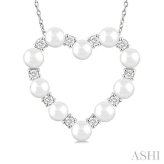 4 MM Round Shape Cultured Pearl and 1/3 Ctw Round Cut Diamond Heart Shape Pendant With Chain in 14K White Gold