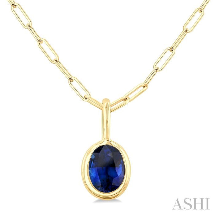 6x4 MM Bezel Set Oval Cut Sapphire Precious Fashion Pendant With Paperclip Chain in 14K Yellow Gold