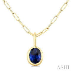 6x4 MM Bezel Set Oval Cut Sapphire Precious Fashion Pendant With Paperclip Chain in 14K Yellow Gold