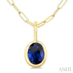 6x4 MM Bezel Set Oval Cut Sapphire Precious Fashion Pendant With Paperclip Chain in 14K Yellow Gold