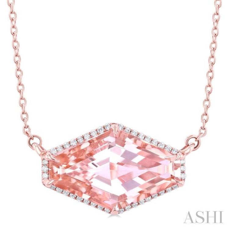 16x10 MM Hexagon Shape Morganite and 1/10 Ctw Round Cut Diamond Halo Semi-Precious Pendant With Chain in 14K Rose Gold