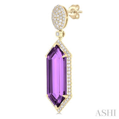 22x8 MM Hexagon Shape Amethyst and 7/8 Ctw Round Cut Diamond Halo Semi-Precious Earrings in 14K Yellow Gold
