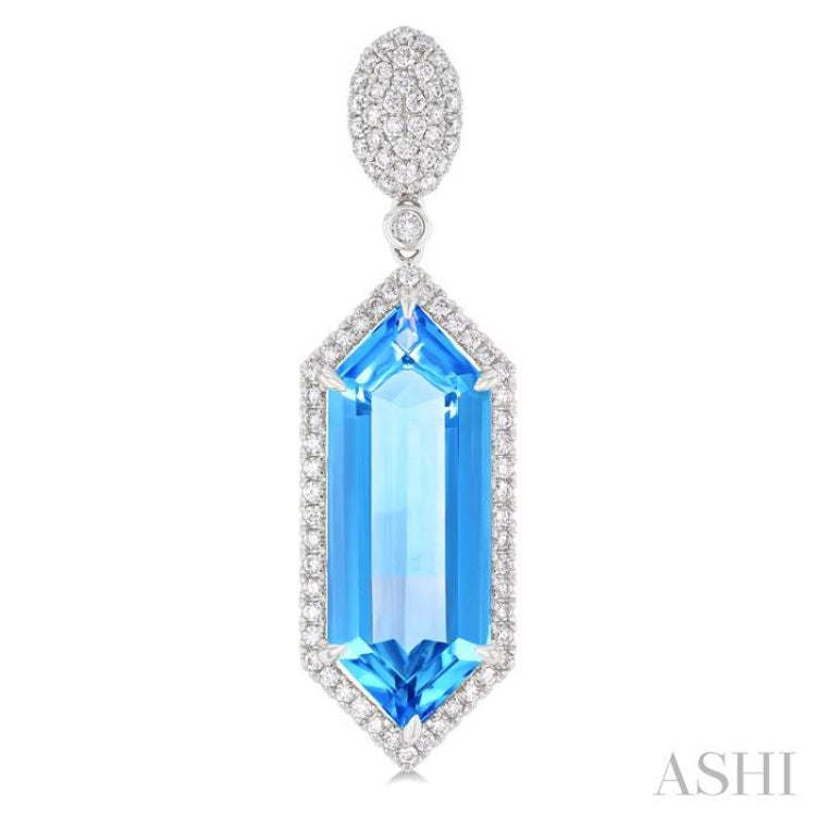 22x8 MM Hexagon Shape Blue Topaz and 7/8 Ctw Round Cut Diamond Halo Semi-Precious Earrings in 14K White Gold